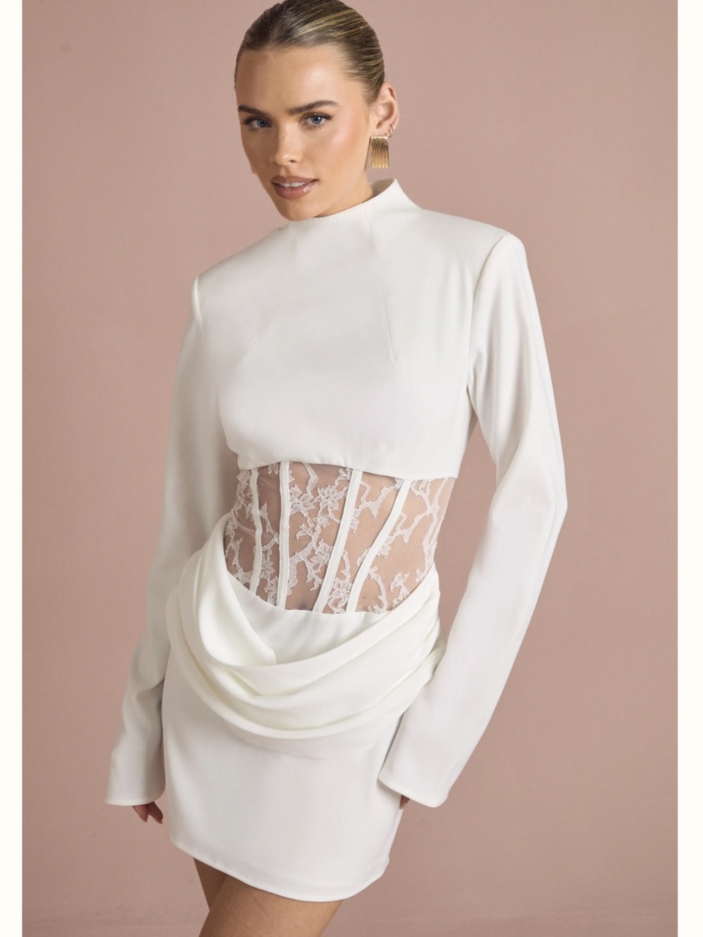 Boohoo White Long-Sleeve Lace-Panel Mini Dress